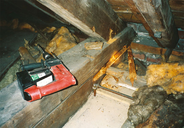 Drilling a large Tie Beam to check for the extent of rot